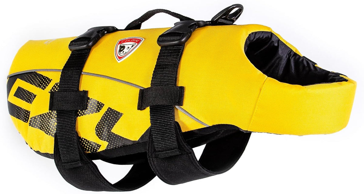 DFD Dog Life Jacket - Adjustable Swimming Safety Vest with Reflective Trim & Durable Grab Handle - 50% More Flotation Material - Medium, Yellow